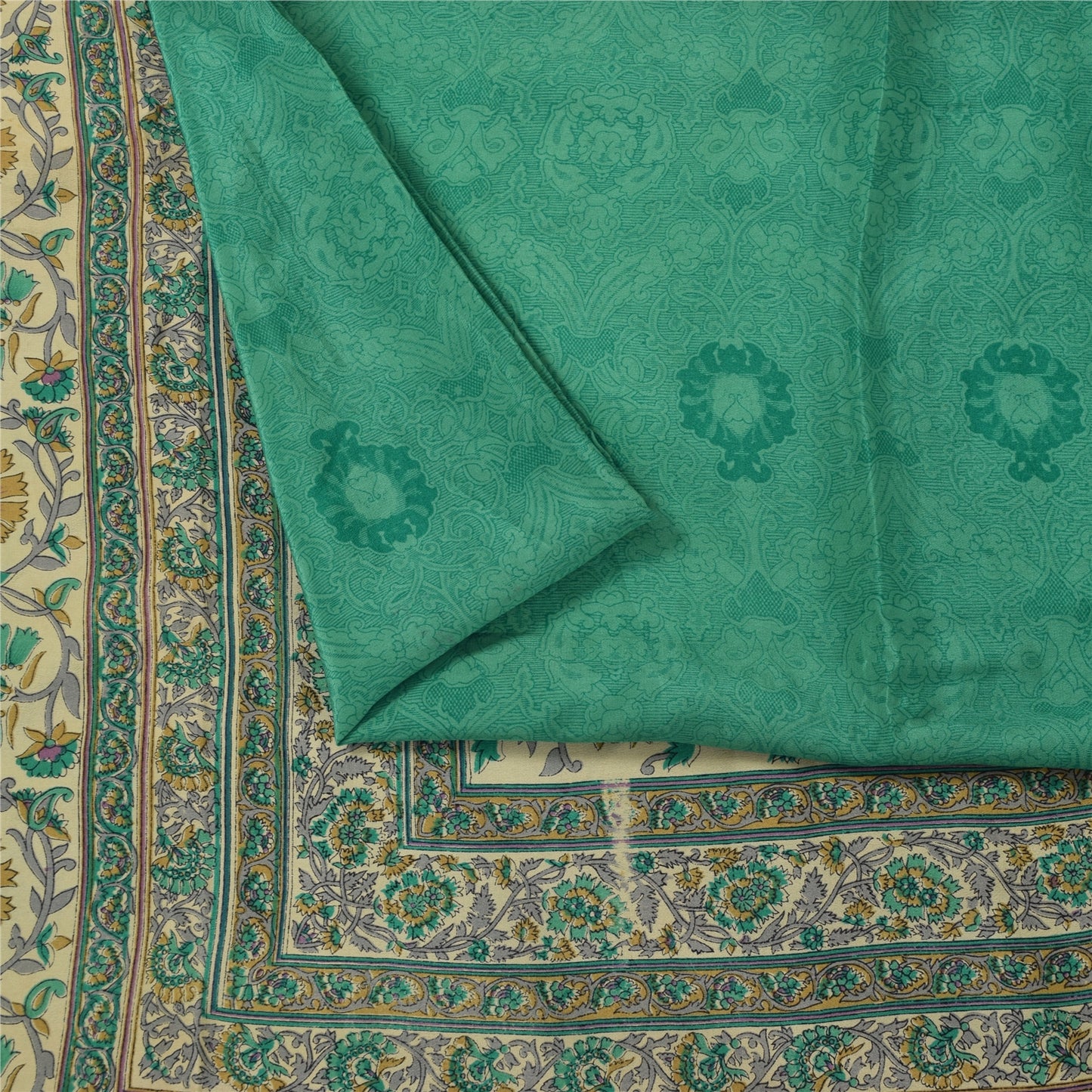 Sanskriti Vintage Sarees Green Pure Crepe Silk Printed Sari 5+yd Craft Fabric