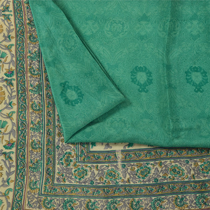 Sanskriti Vintage Sarees Green Pure Crepe Silk Printed Sari 5+yd Craft Fabric