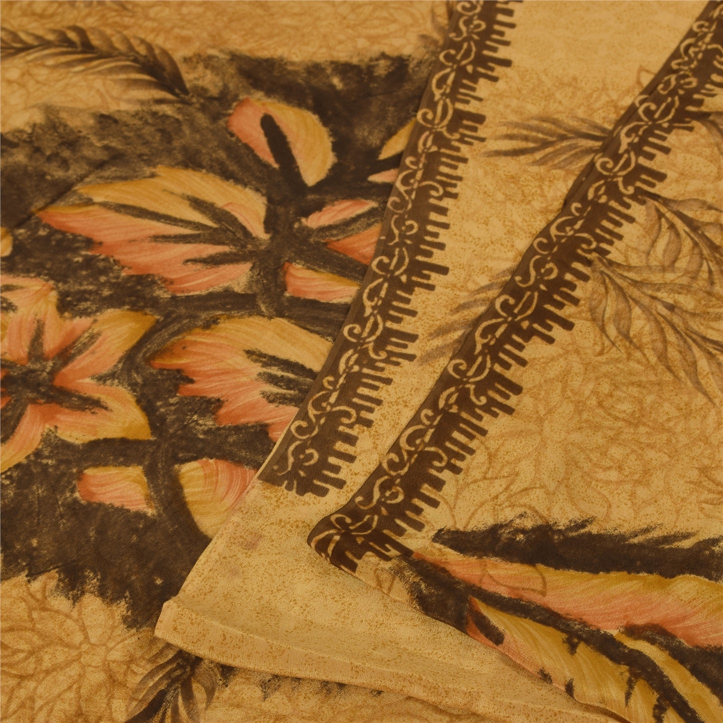 Sanskriti Vintage Sarees Saffron Pure Crepe Silk Printed Sari 5+yd Craft Fabric