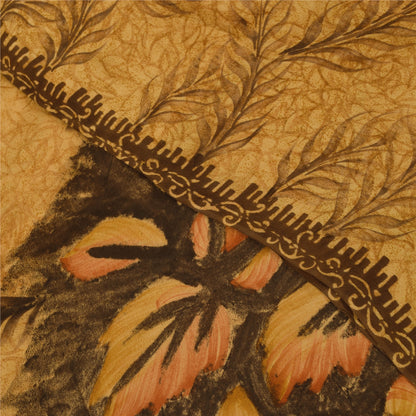 Sanskriti Vintage Sarees Saffron Pure Crepe Silk Printed Sari 5+yd Craft Fabric