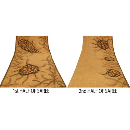 Sanskriti Vintage Sarees Saffron Pure Crepe Silk Printed Sari 5+yd Craft Fabric