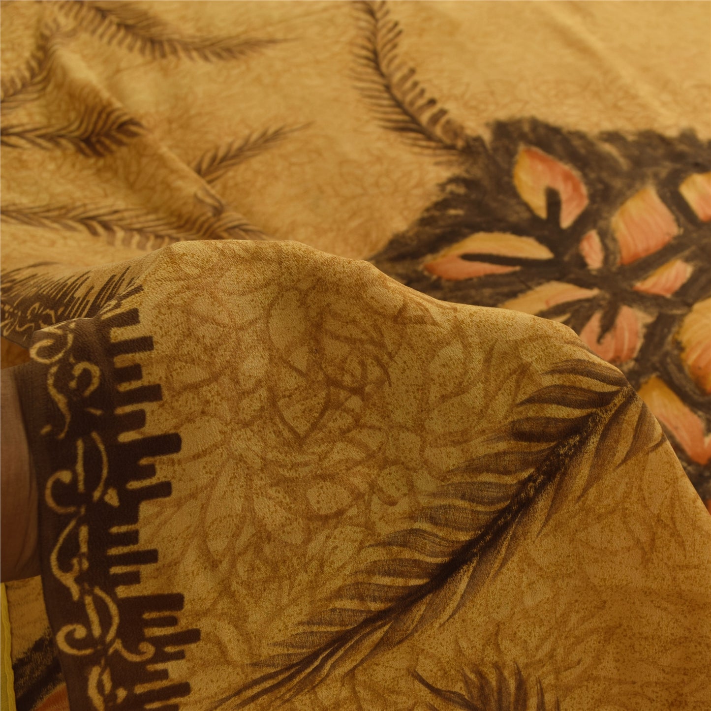 Sanskriti Vintage Sarees Saffron Pure Crepe Silk Printed Sari 5+yd Craft Fabric