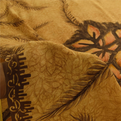 Sanskriti Vintage Sarees Saffron Pure Crepe Silk Printed Sari 5+yd Craft Fabric