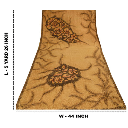 Sanskriti Vintage Sarees Saffron Pure Crepe Silk Printed Sari 5+yd Craft Fabric