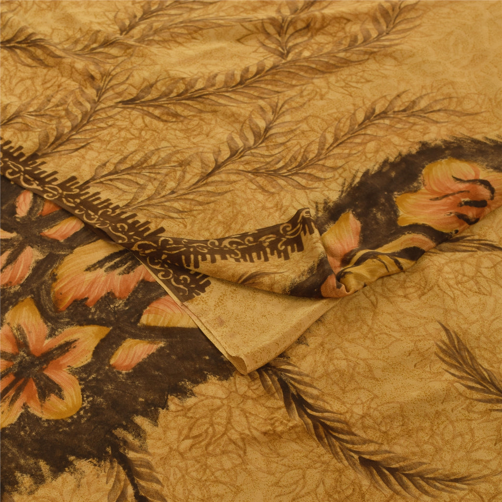 Sanskriti Vintage Sarees Saffron Pure Crepe Silk Printed Sari 5+yd Craft Fabric