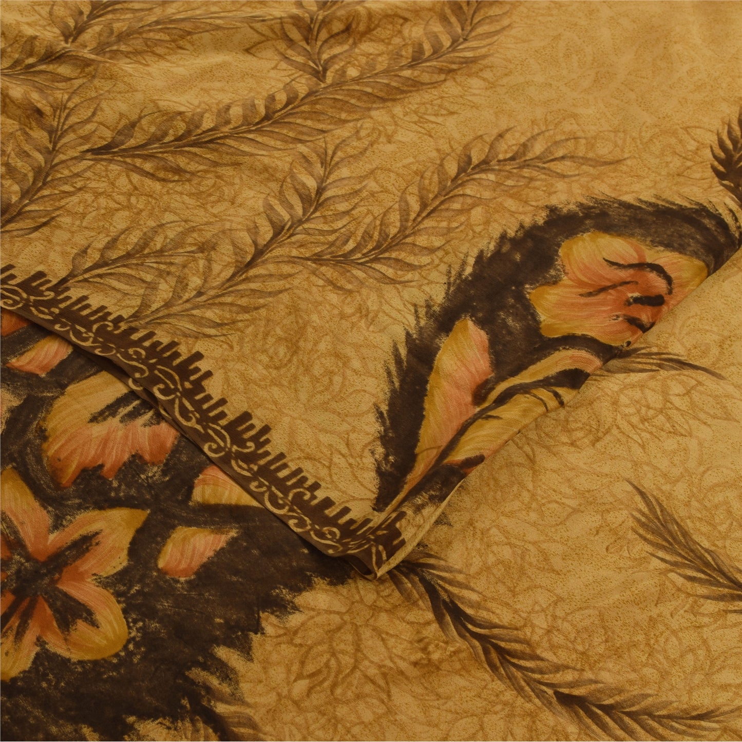 Sanskriti Vintage Sarees Saffron Pure Crepe Silk Printed Sari 5+yd Craft Fabric