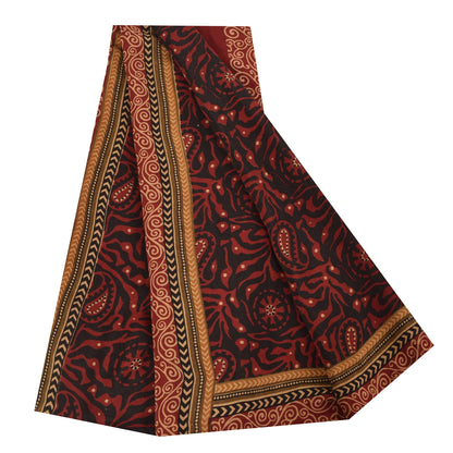 Sanskriti Vintage Sarier Sort &amp; Orange Ren Crepe Print Sari 5+ yards Håndværksstof