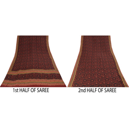 Sanskriti Vintage Sarier Sort &amp; Orange Ren Crepe Print Sari 5+ yards Håndværksstof