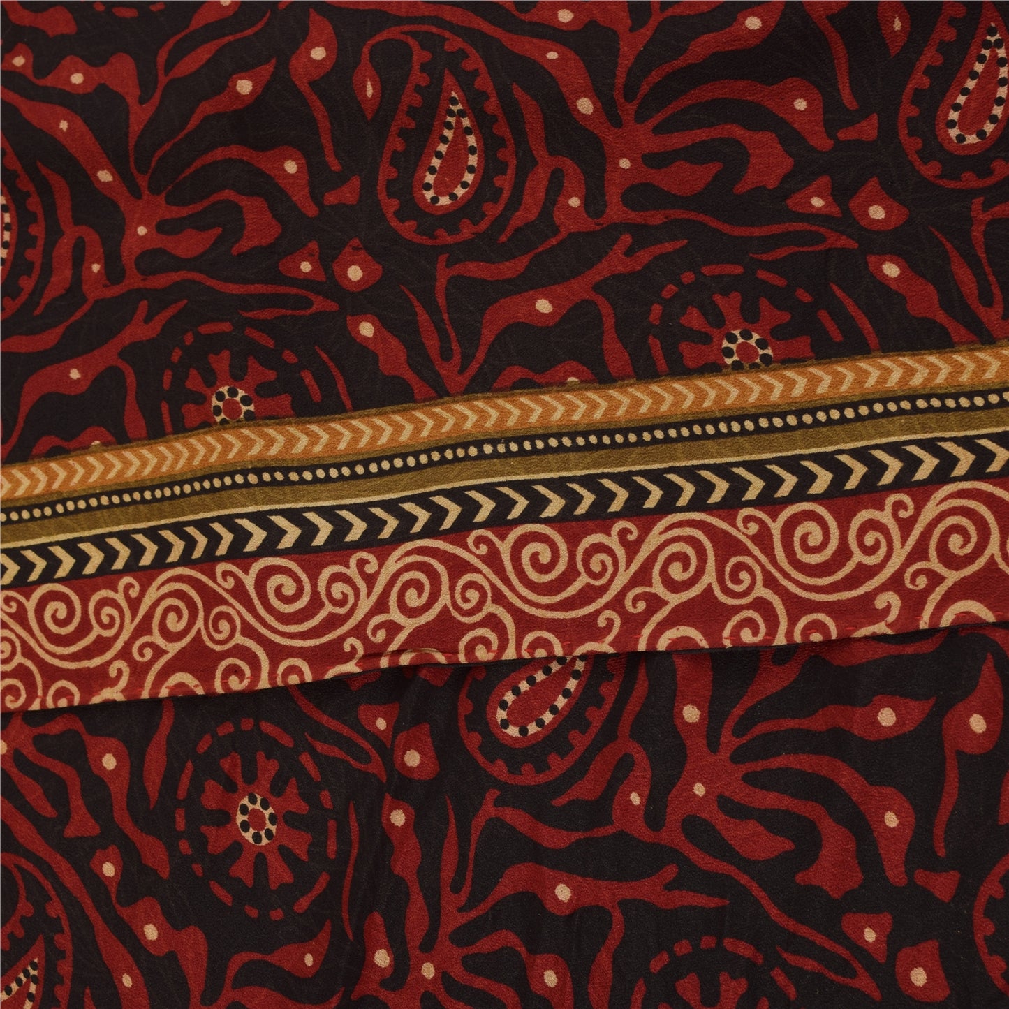 Sanskriti Vintage Sarier Sort &amp; Orange Ren Crepe Print Sari 5+ yards Håndværksstof