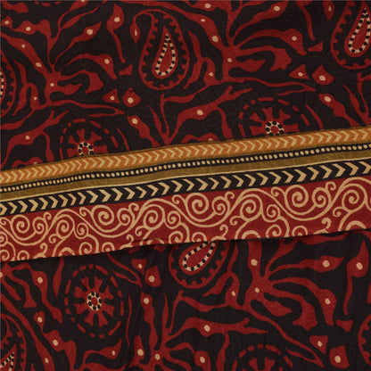 Sanskriti Vintage Sarier Sort &amp; Orange Ren Crepe Print Sari 5+ yards Håndværksstof