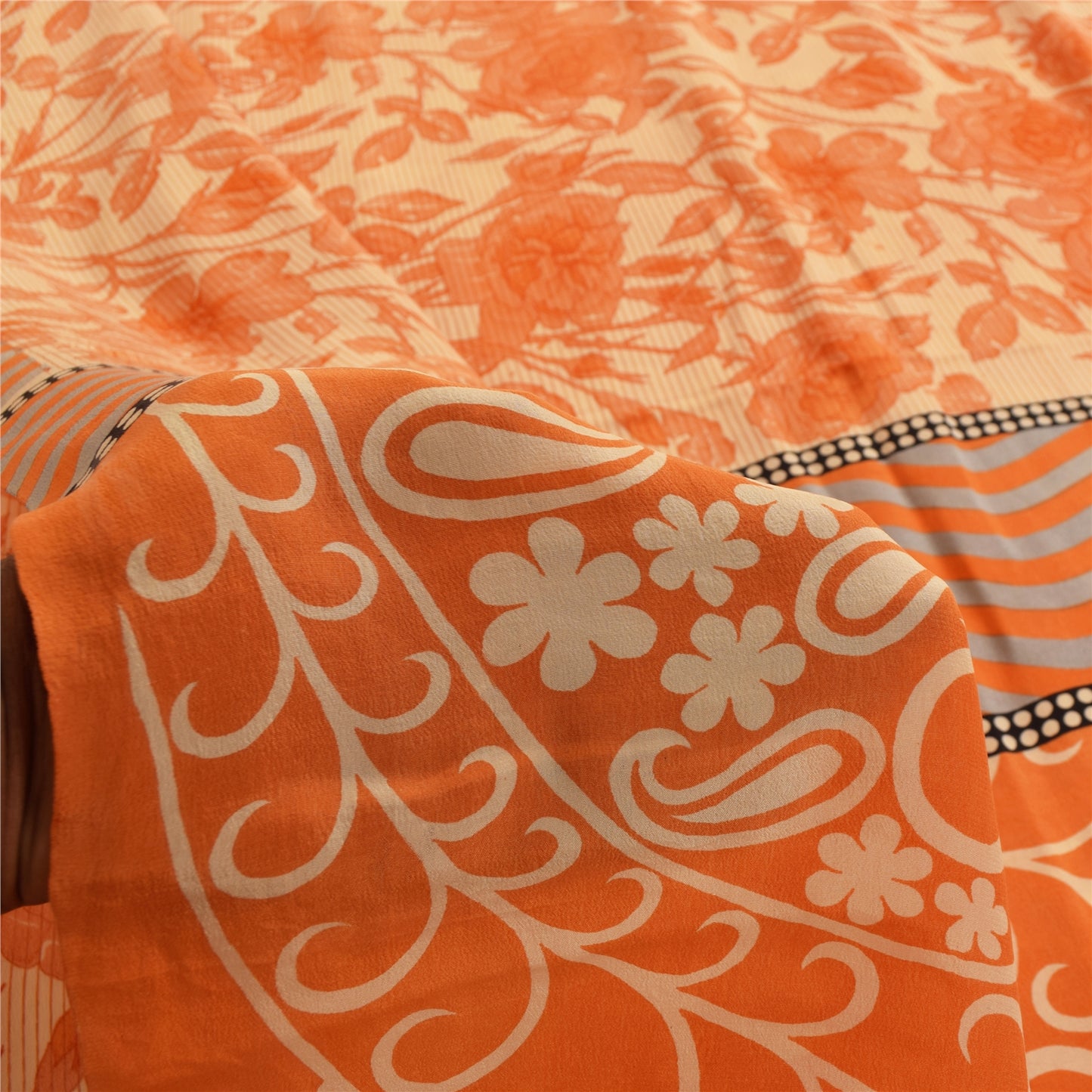 Sanskriti Vintage Sarees Orange Pure Crepe Silk Printed Sari 5+yd Craft Fabric