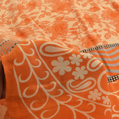 Sanskriti Vintage Sarees Orange Pure Crepe Silk Printed Sari 5+yd Craft Fabric