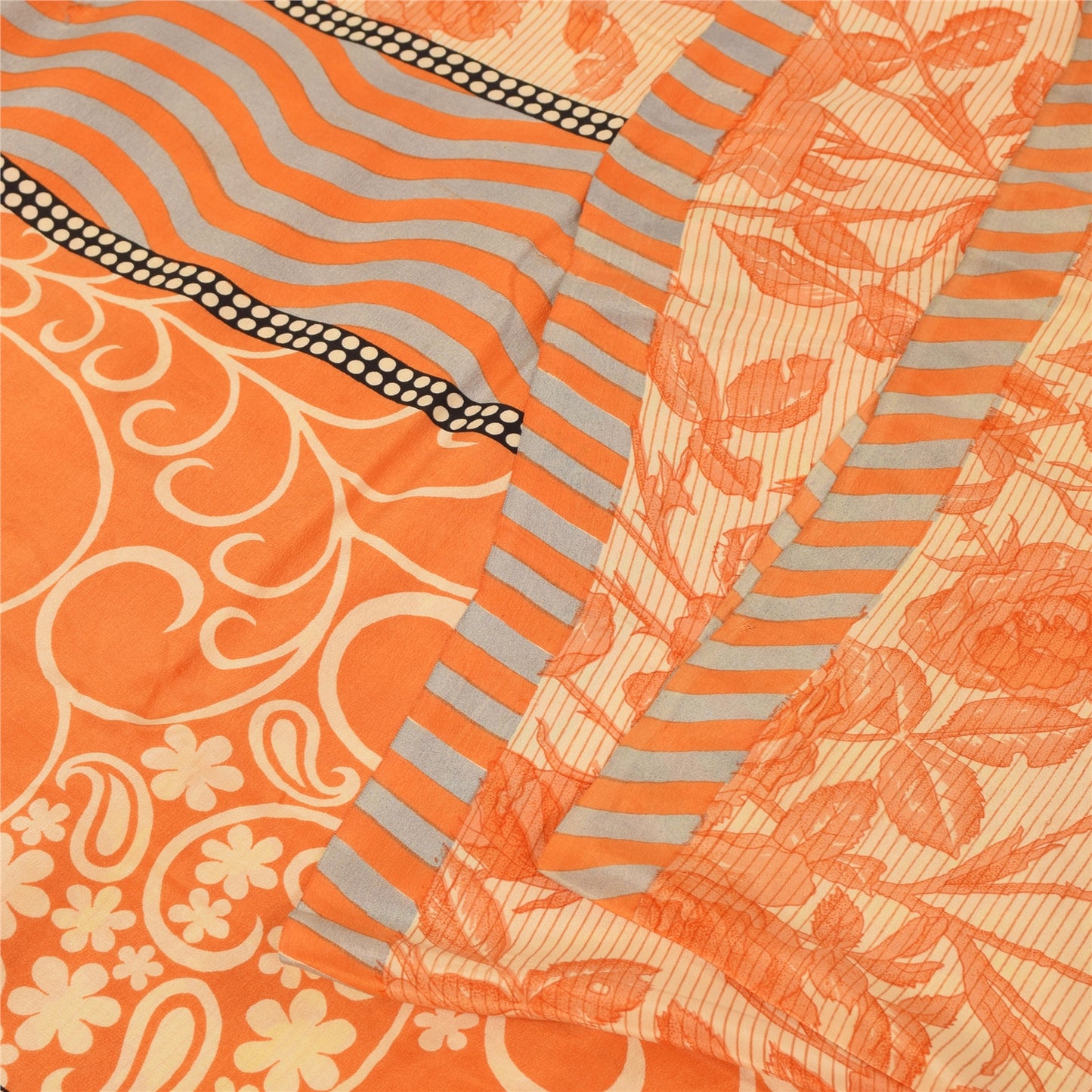 Sanskriti Vintage Sarees Orange Pure Crepe Silk Printed Sari 5+yd Craft Fabric