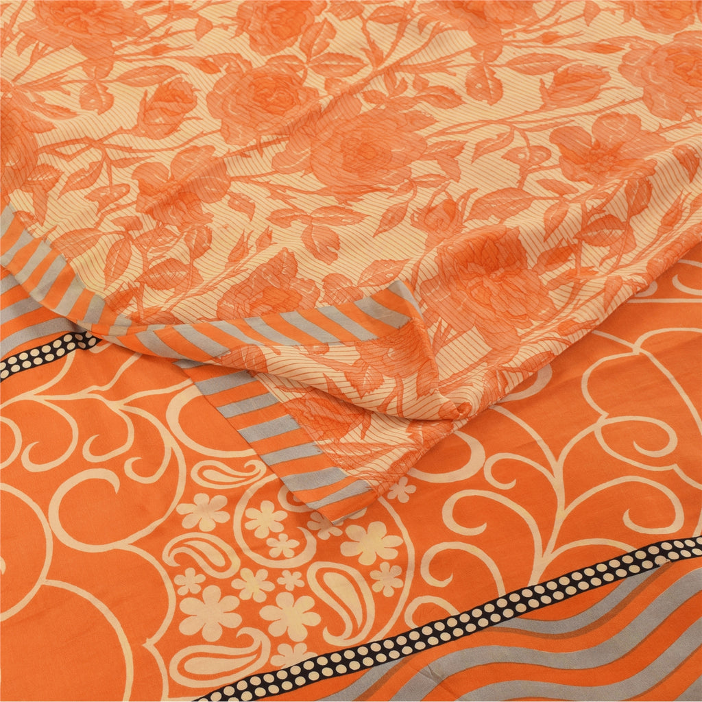 Sanskriti Vintage Sarees Orange Pure Crepe Silk Printed Sari 5+yd Craft Fabric