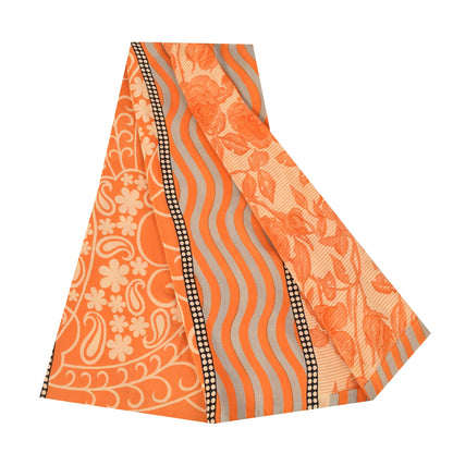 Sanskriti Vintage Sarees Orange Pure Crepe Silk Printed Sari 5+yd Craft Fabric