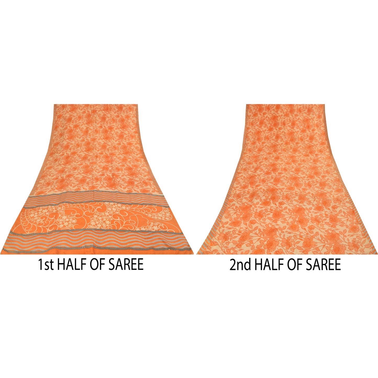 Sanskriti Vintage Sarees Orange Pure Crepe Silk Printed Sari 5+yd Craft Fabric