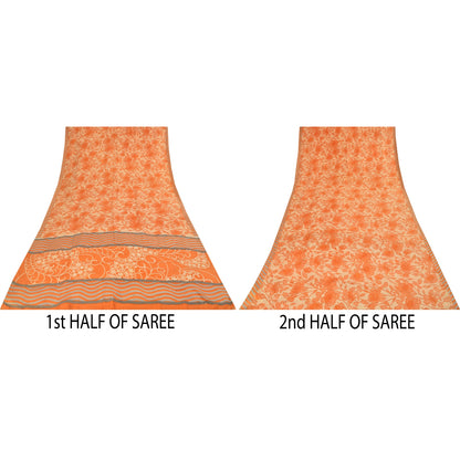 Sanskriti Vintage Sarees Orange Pure Crepe Silk Printed Sari 5+yd Craft Fabric