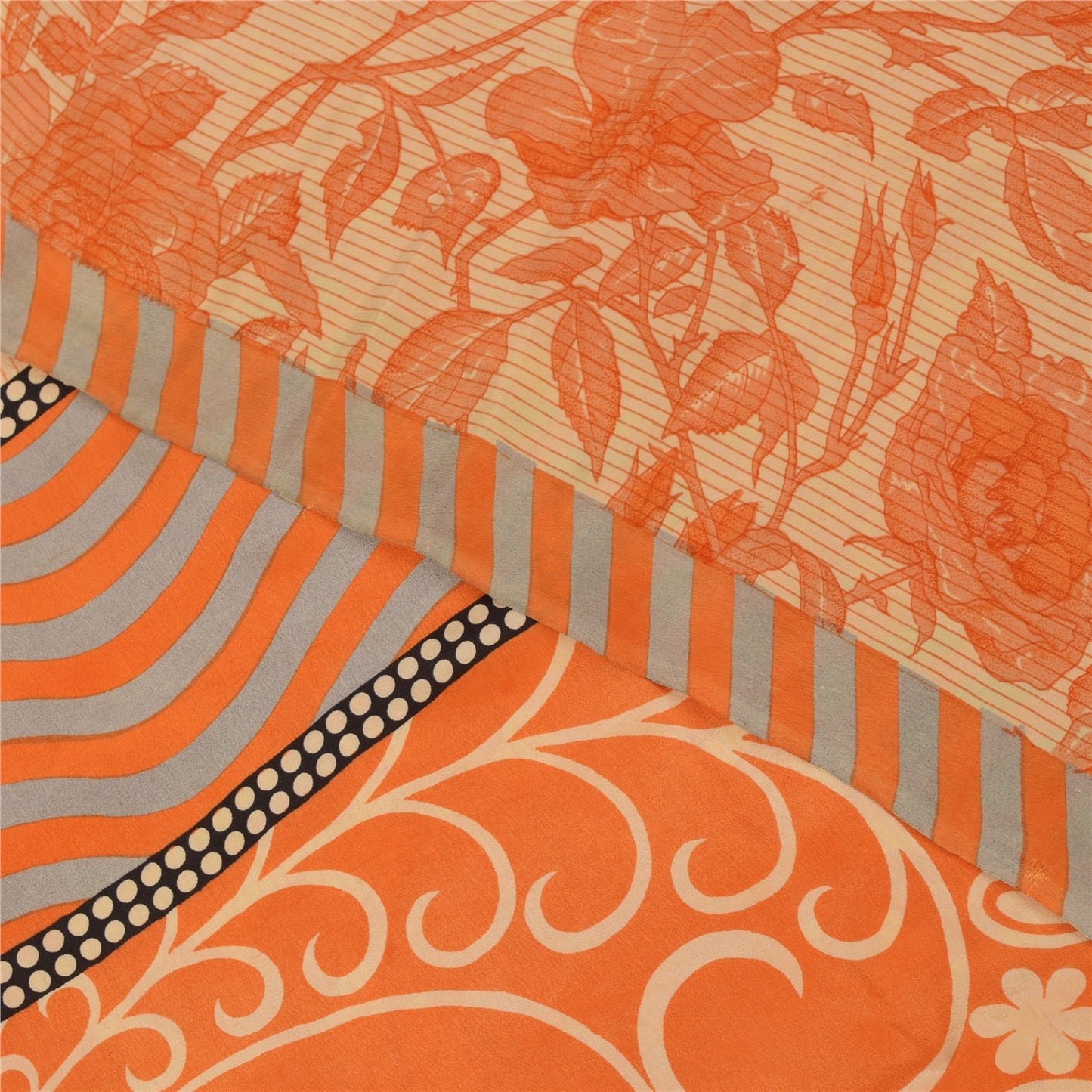 Sanskriti Vintage Sarees Orange Pure Crepe Silk Printed Sari 5+yd Craft Fabric