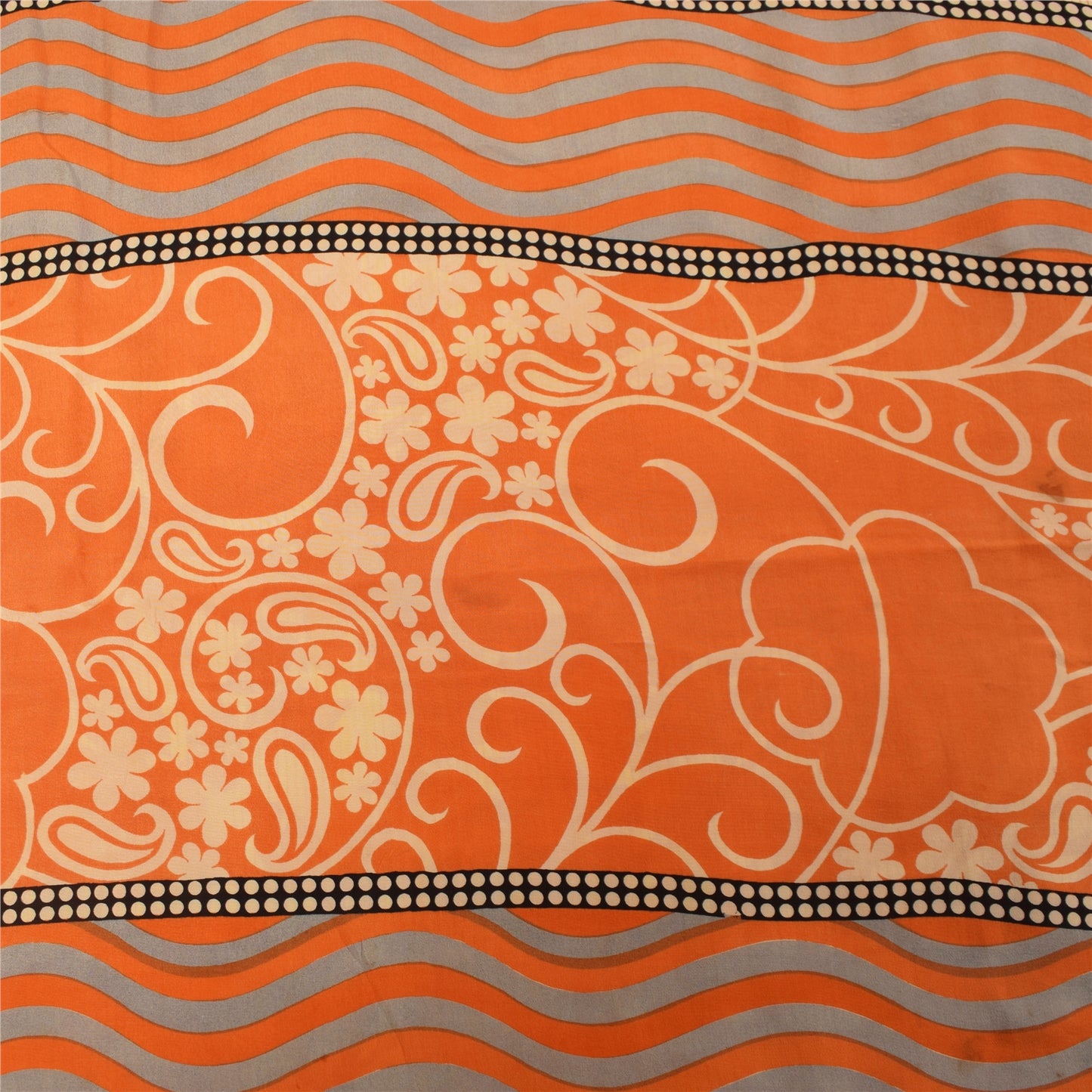 Sanskriti Vintage Sarees Orange Pure Crepe Silk Printed Sari 5+yd Craft Fabric