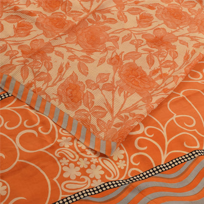 Sanskriti Vintage Sarees Orange Pure Crepe Silk Printed Sari 5+yd Craft Fabric