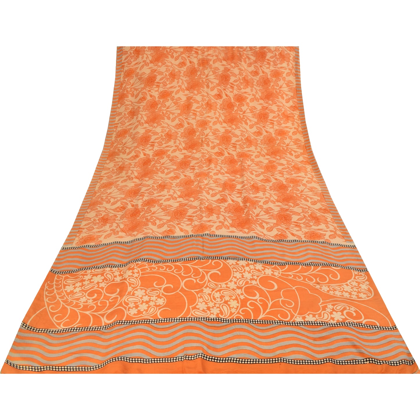 Sanskriti Vintage Sarees Orange Pure Crepe Silk Printed Sari 5+yd Craft Fabric