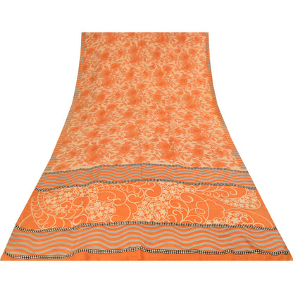 Sanskriti Vintage Sarees Orange Pure Crepe Silk Printed Sari 5+yd Craft Fabric