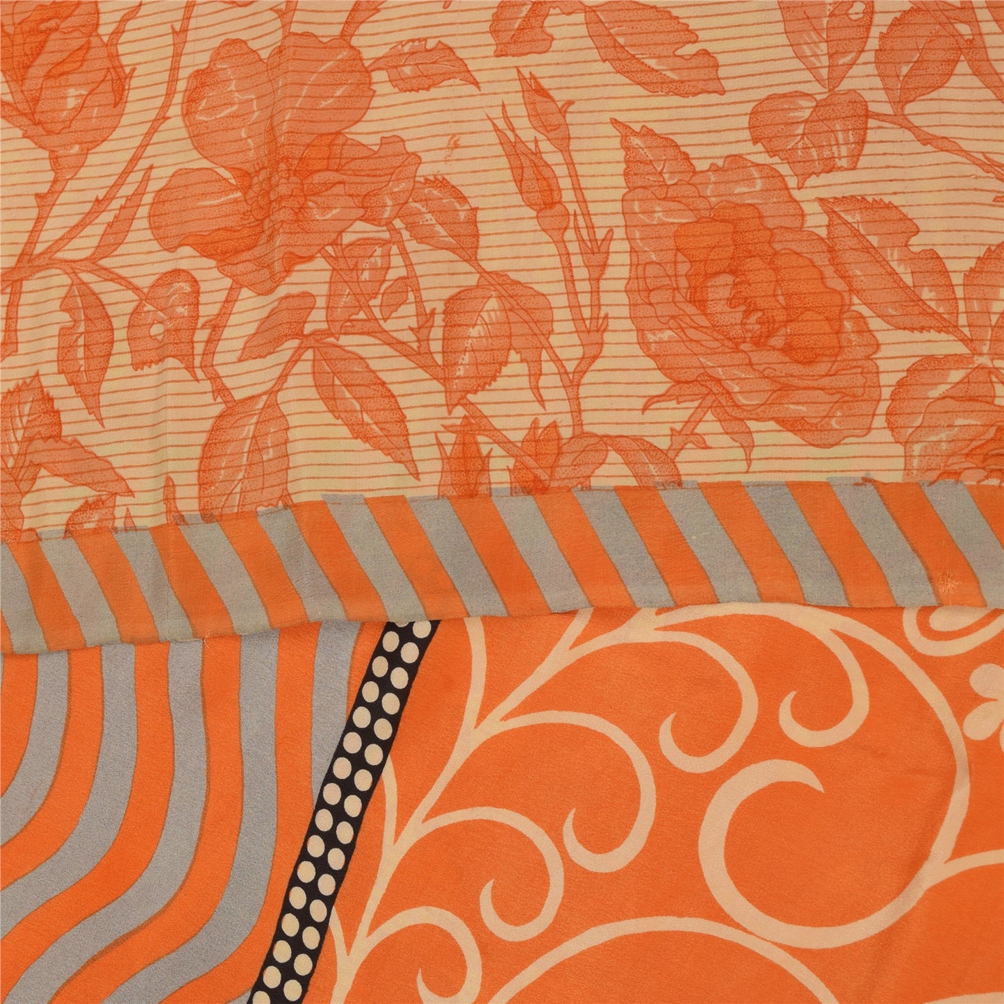 Sanskriti Vintage Sarees Orange Pure Crepe Silk Printed Sari 5+yd Craft Fabric