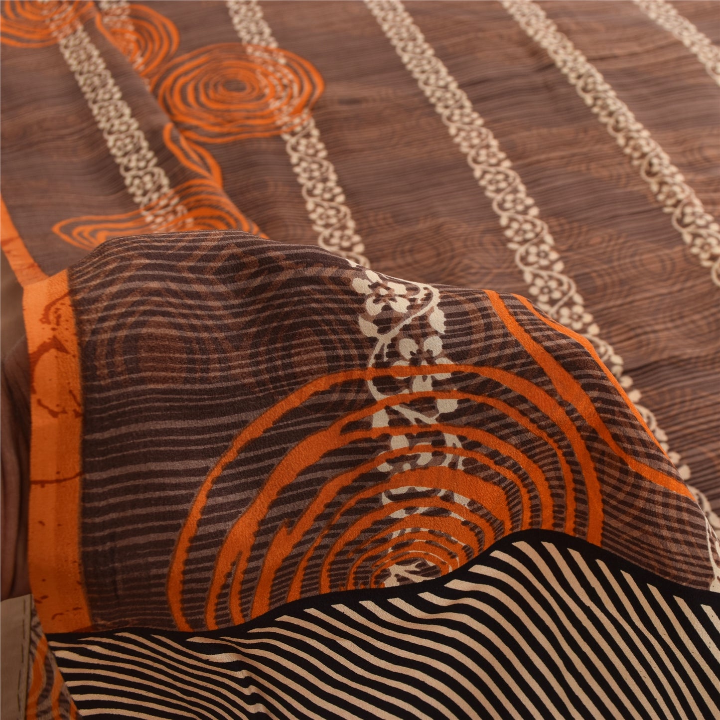 Sanskriti Vintage Sarees Brown 100% Pure Crepe Geometric Print Sari 5+yd Fabric