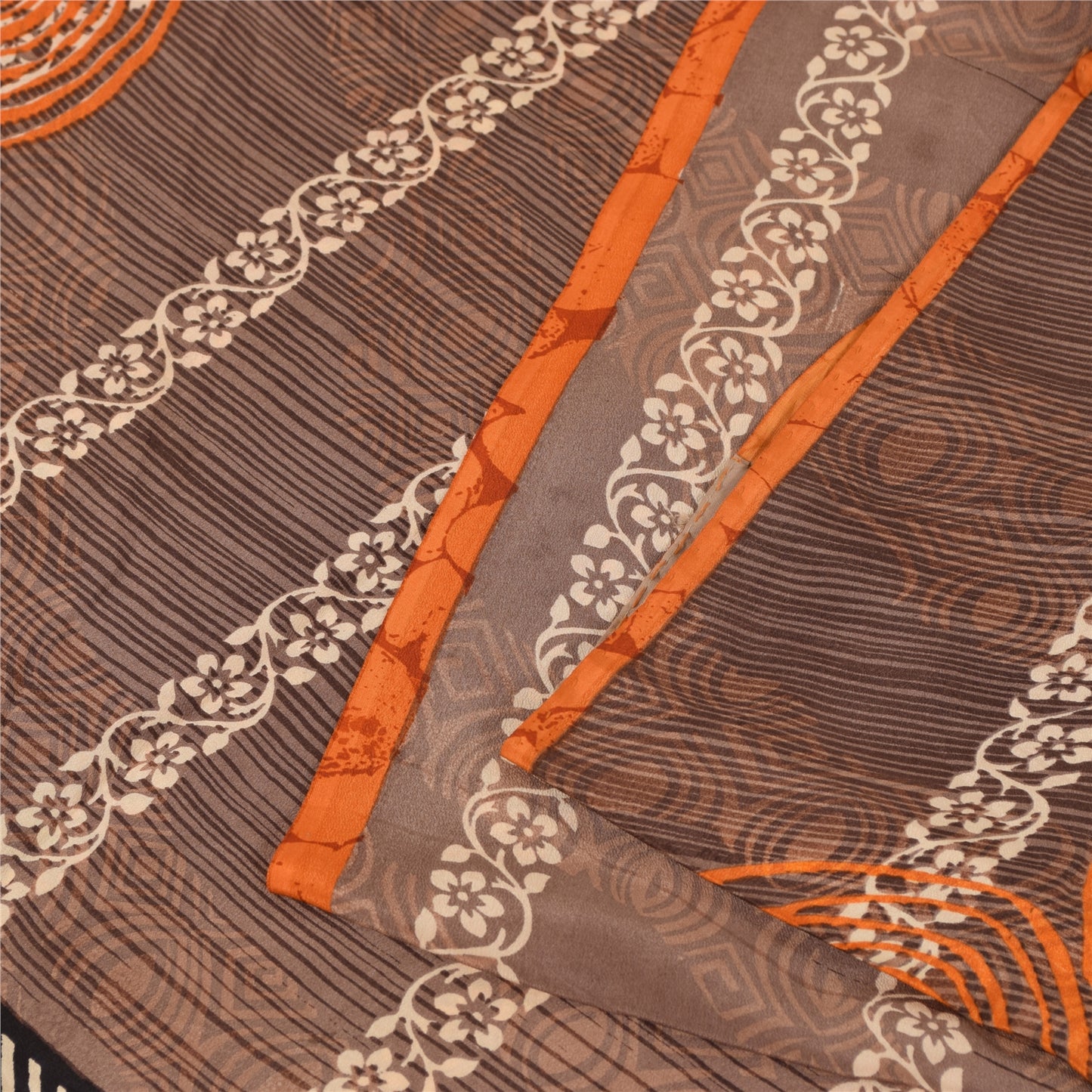 Sanskriti Vintage Sarees Brown 100% Pure Crepe Geometric Print Sari 5+yd Fabric