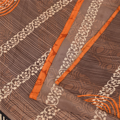 Sanskriti Vintage Sarees Brown 100% Pure Crepe Geometric Print Sari 5+yd Fabric