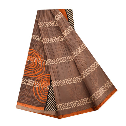 Sanskriti Vintage Sarees Brown 100% Pure Crepe Geometric Print Sari 5+yd Fabric