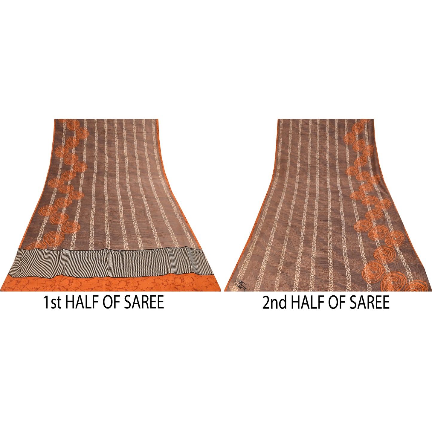 Sanskriti Vintage Sarees Brown 100% Pure Crepe Geometric Print Sari 5+yd Fabric