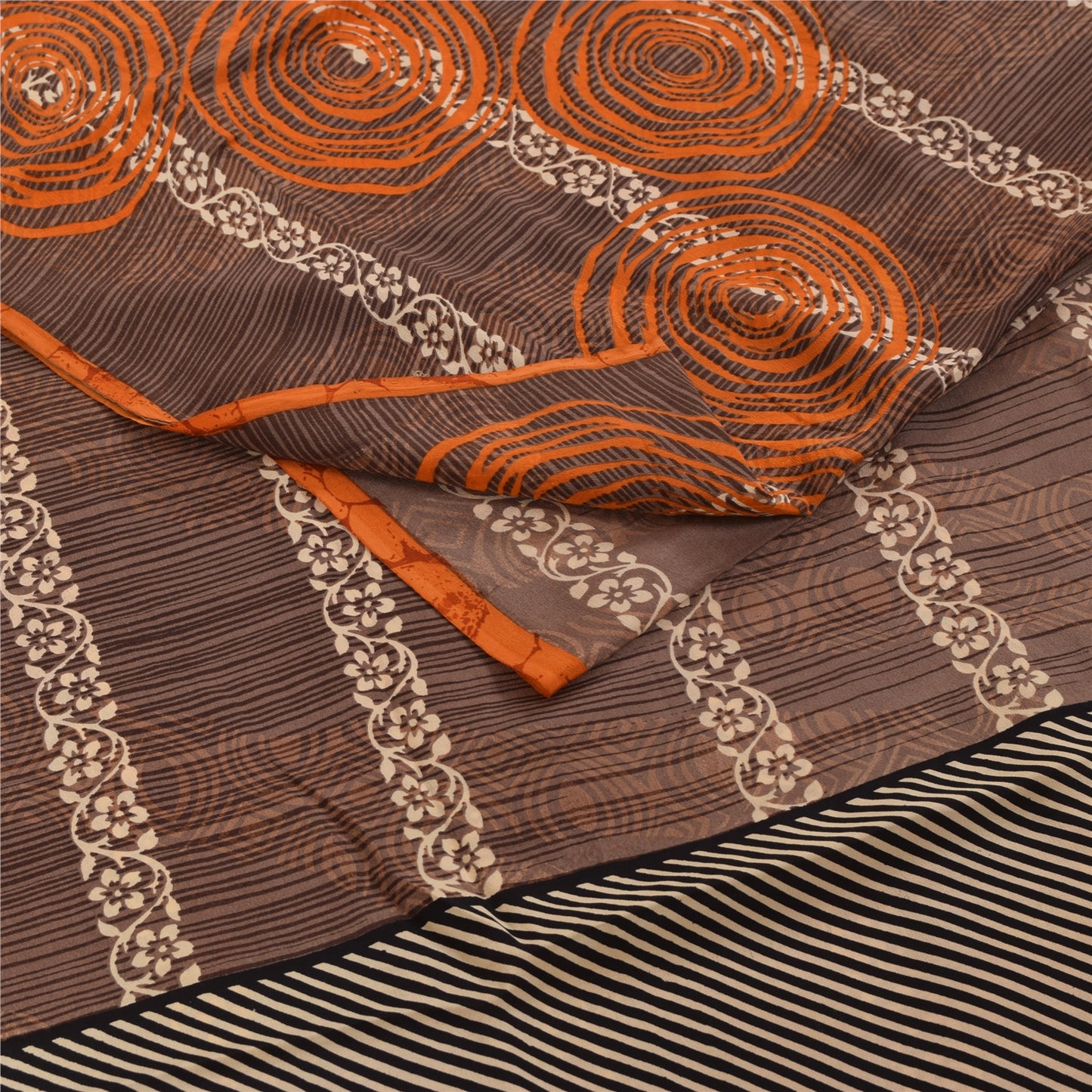 Sanskriti Vintage Sarees Brown 100% Pure Crepe Geometric Print Sari 5+yd Fabric