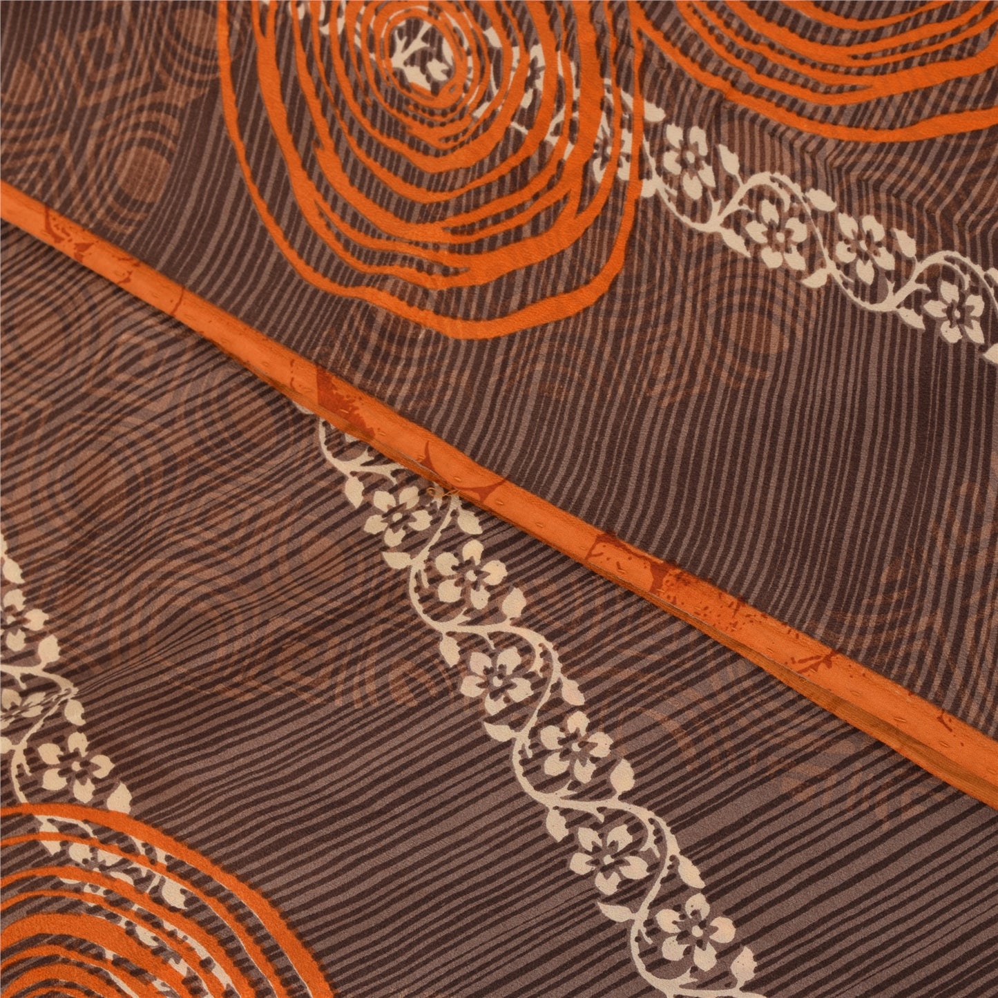 Sanskriti Vintage Sarees Brown 100% Pure Crepe Geometric Print Sari 5+yd Fabric