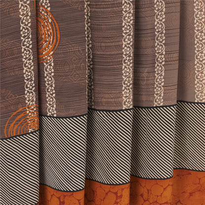 Sanskriti Vintage Sarees Brown 100% Pure Crepe Geometric Print Sari 5+yd Fabric