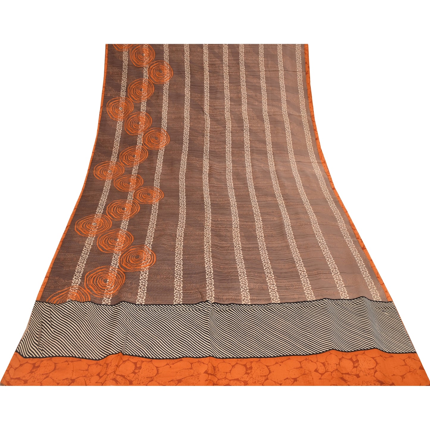 Sanskriti Vintage Sarees Brown 100% Pure Crepe Geometric Print Sari 5+yd Fabric