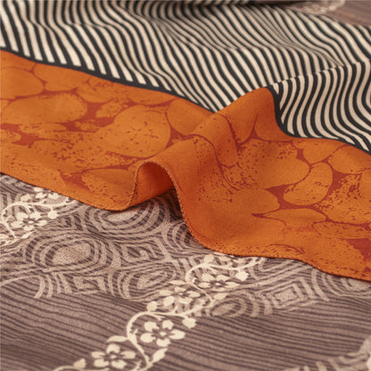 Sanskriti Vintage Sarees Brown 100% Pure Crepe Geometric Print Sari 5+yd Fabric