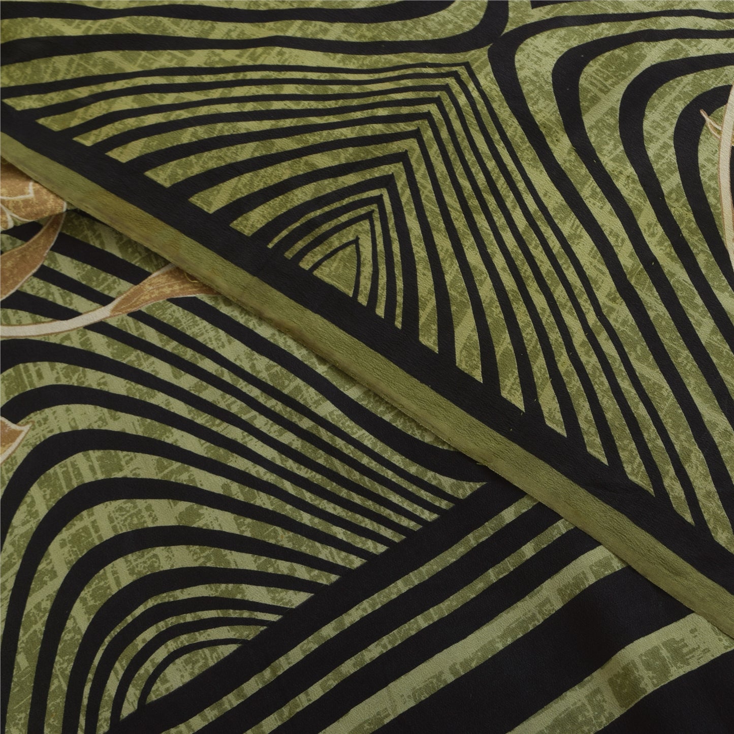 Sanskriti Vintage Sarier Grøn &amp; Sort Ren Crepe Trykt Sari 6yd Håndværksstof