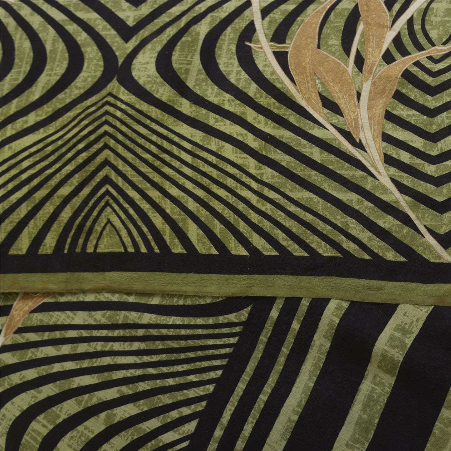 Sanskriti Vintage Sarier Grøn &amp; Sort Ren Crepe Trykt Sari 6yd Håndværksstof