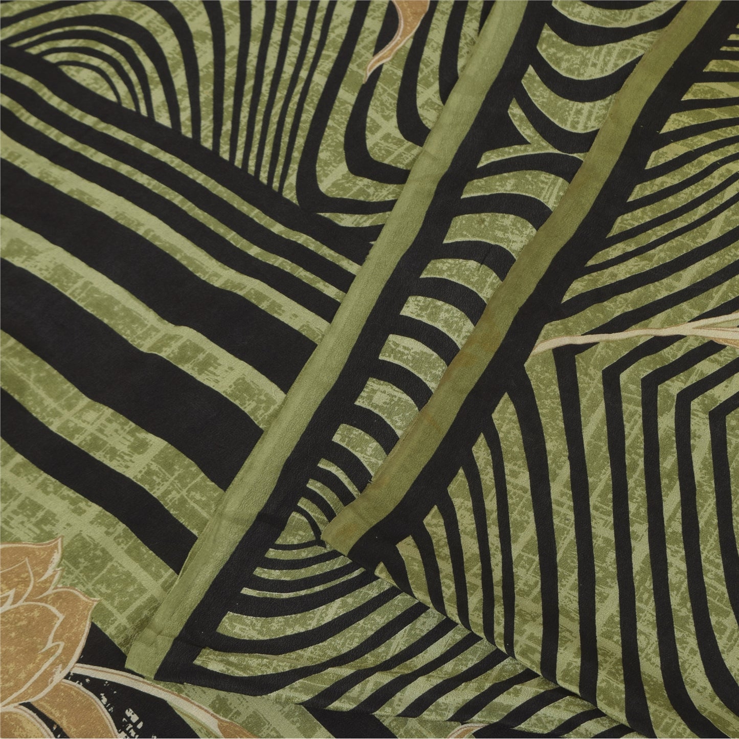 Sanskriti Vintage Sarier Grøn &amp; Sort Ren Crepe Trykt Sari 6yd Håndværksstof