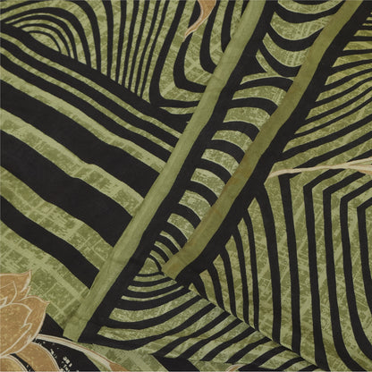 Sanskriti Vintage Sarier Grøn &amp; Sort Ren Crepe Trykt Sari 6yd Håndværksstof