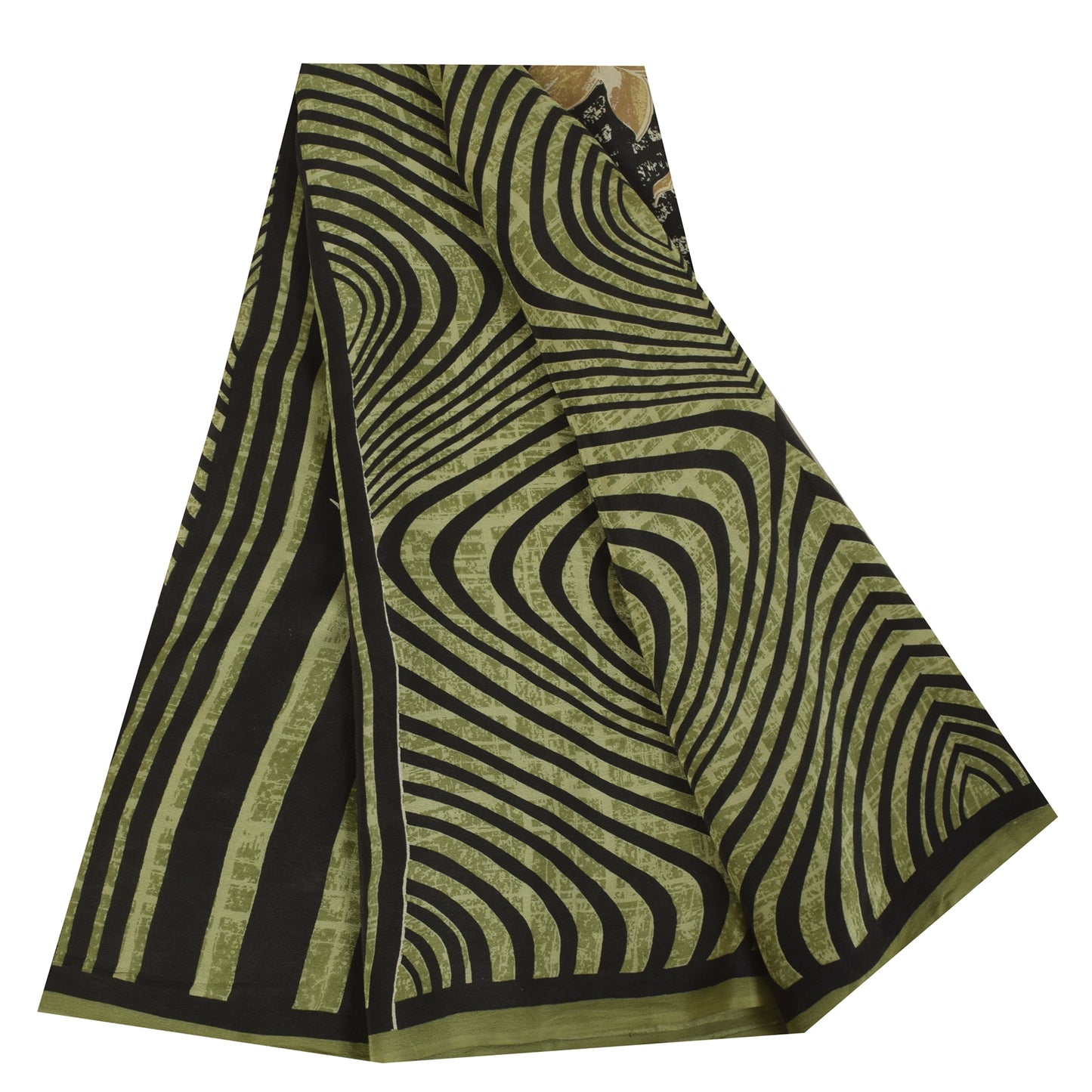 Sanskriti Vintage Sarier Grøn &amp; Sort Ren Crepe Trykt Sari 6yd Håndværksstof