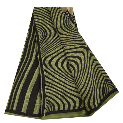 Sanskriti Vintage Sarier Grøn &amp; Sort Ren Crepe Trykt Sari 6yd Håndværksstof