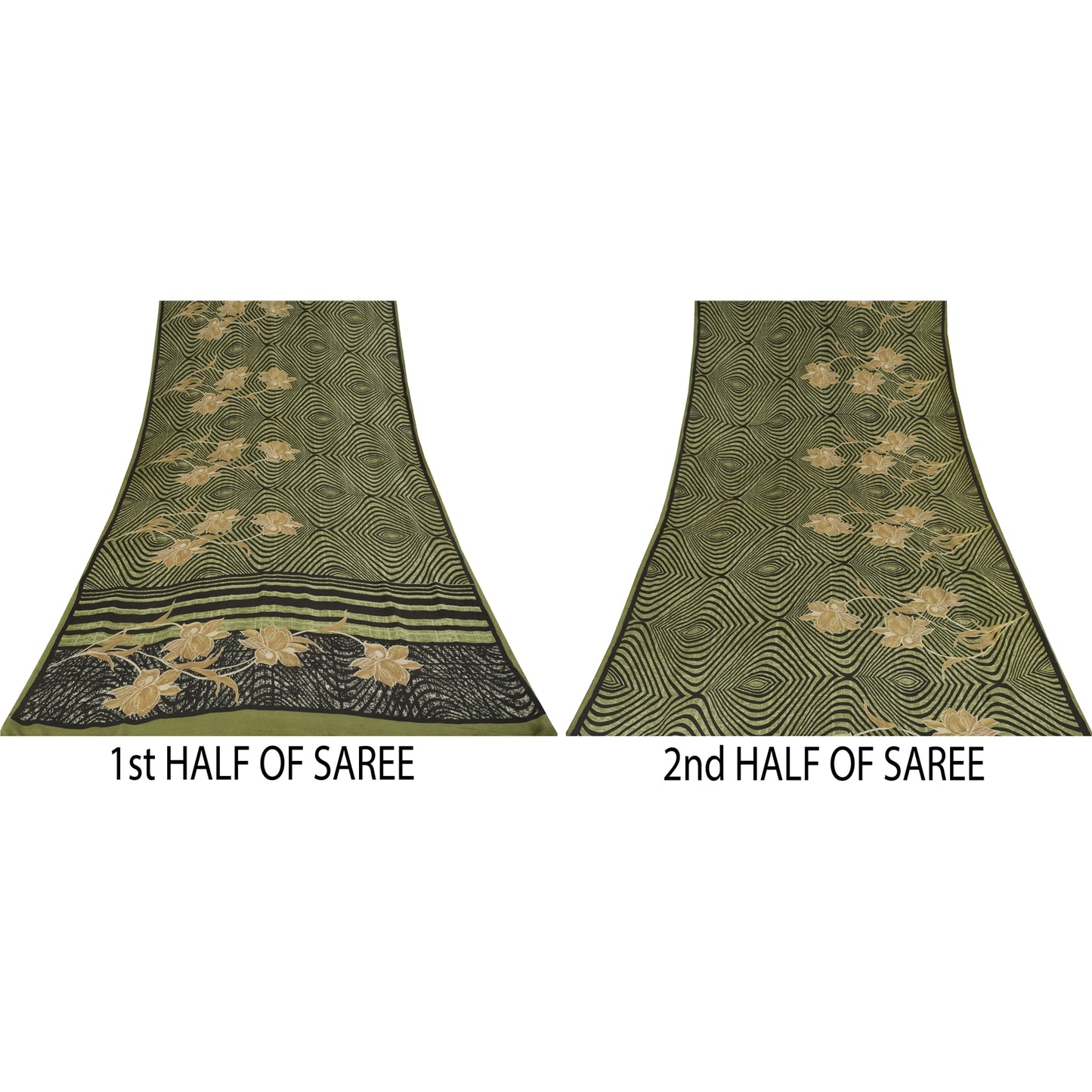 Sanskriti Vintage Sarier Grøn &amp; Sort Ren Crepe Trykt Sari 6yd Håndværksstof