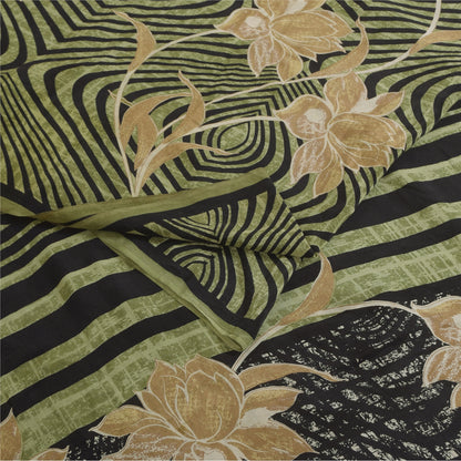 Sanskriti Vintage Sarier Grøn &amp; Sort Ren Crepe Trykt Sari 6yd Håndværksstof