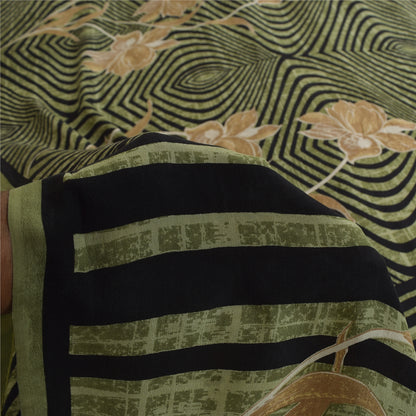 Sanskriti Vintage Sarier Grøn &amp; Sort Ren Crepe Trykt Sari 6yd Håndværksstof