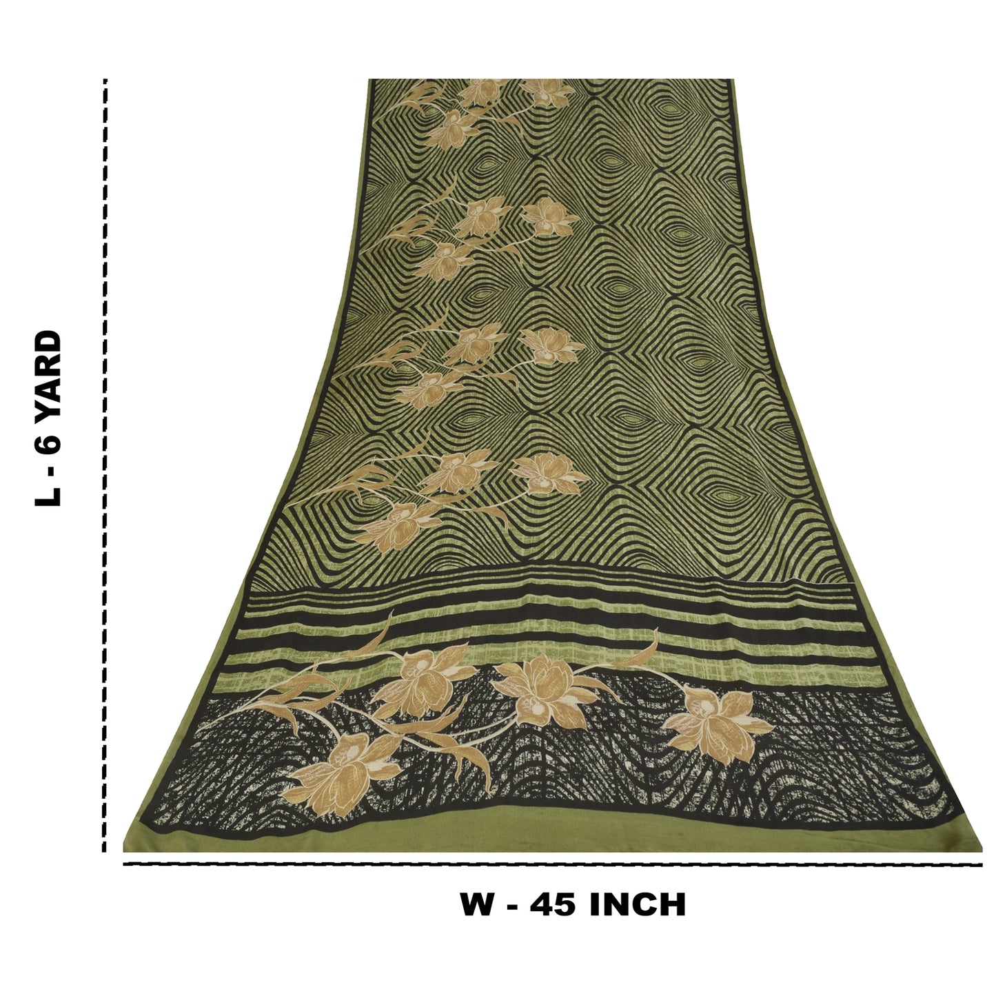 Sanskriti Vintage Sarier Grøn &amp; Sort Ren Crepe Trykt Sari 6yd Håndværksstof