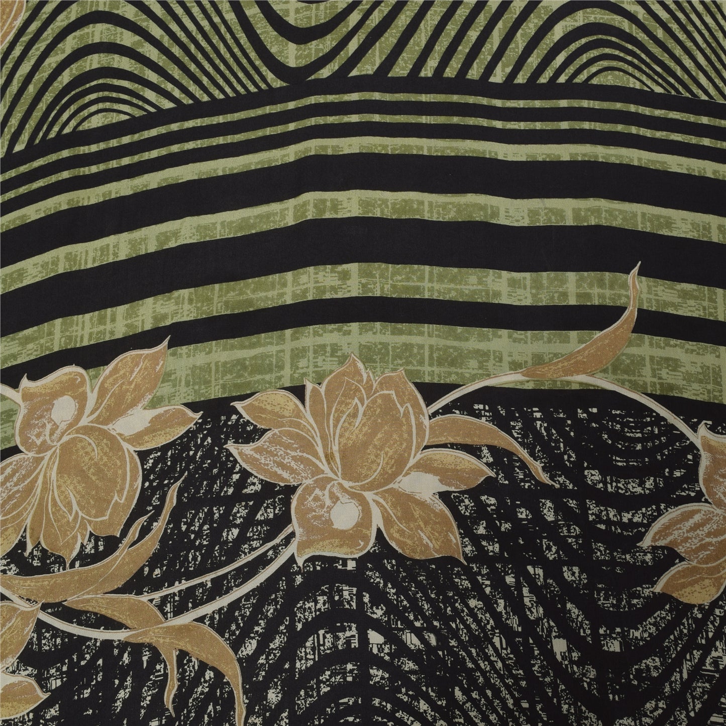 Sanskriti Vintage Sarier Grøn &amp; Sort Ren Crepe Trykt Sari 6yd Håndværksstof