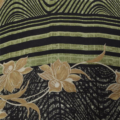 Sanskriti Vintage Sarier Grøn &amp; Sort Ren Crepe Trykt Sari 6yd Håndværksstof