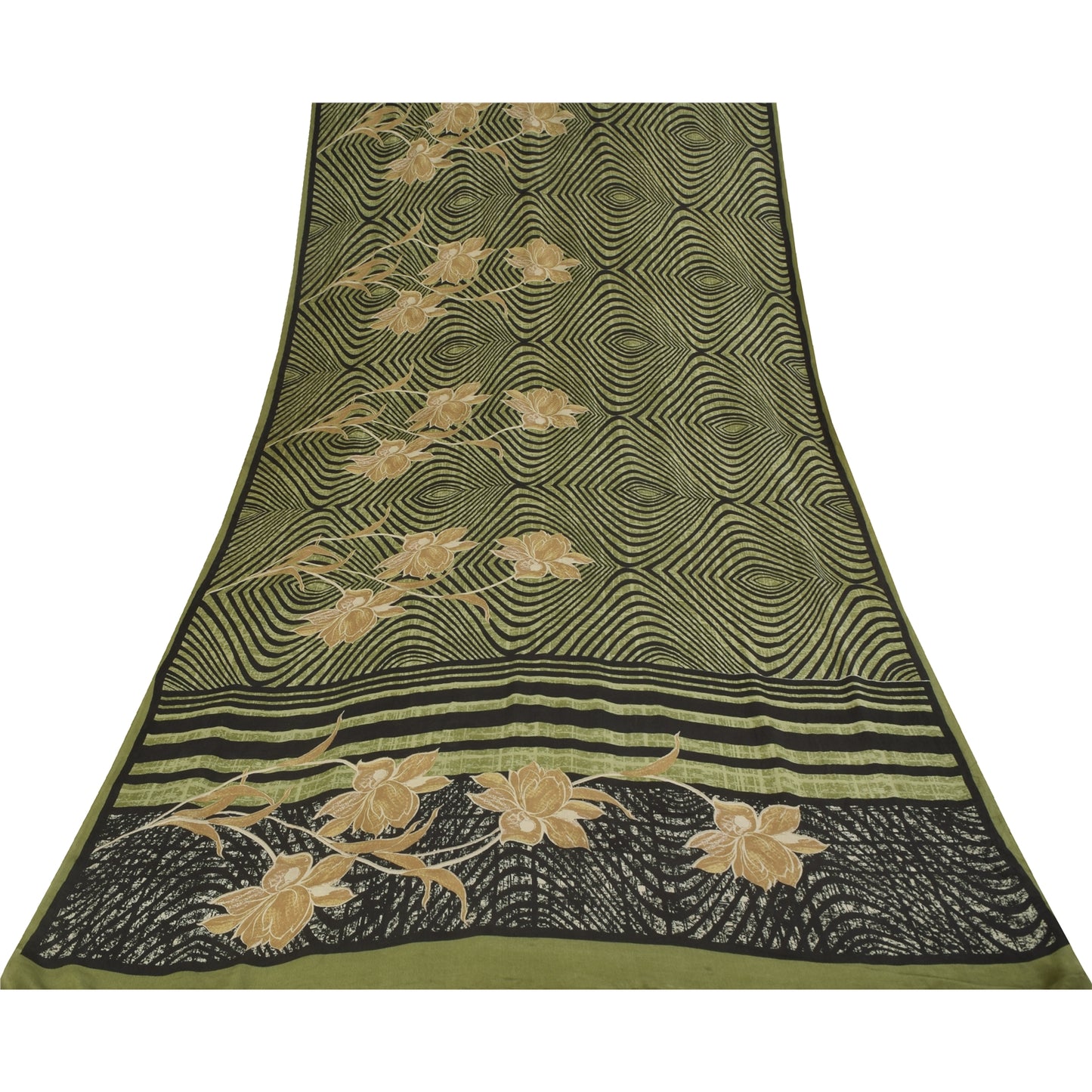 Sanskriti Vintage Sarier Grøn &amp; Sort Ren Crepe Trykt Sari 6yd Håndværksstof